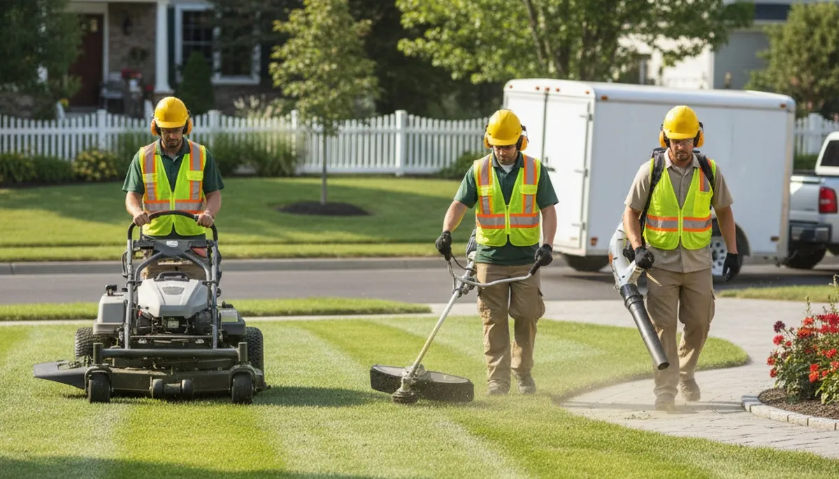 Bradenton, FL tree service crew providing lawn care and landscape maintenance for local properties