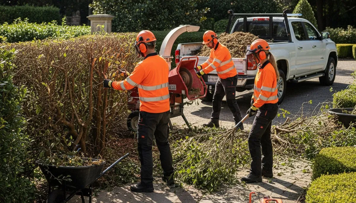 Bradenton, FL tree service crew removing overgrown shrubs with professional equipment